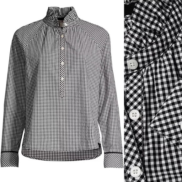 Vineyard Vines Gingham Ruffle Popover Blouse Shirt Top Black Raglan Poplin US 6 - Picture 3 of 10